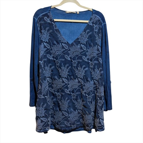 Soft Surroundings 3X Kimbra Embroidered Floral Blue Lace V Neck Roll Tab Top - Picture 1 of 16